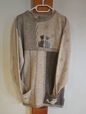 Cozy Cat Patchwork Crewneck Sweater - Grey